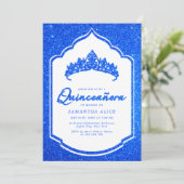 Elegant Royal Blue Glittery Quinceanera Einladung (Stehend Vorderseite)