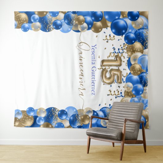 Elegant Royal Blue Gold Balloon Arch Quinceanera Wandteppich (Beispiel (Horizontal))