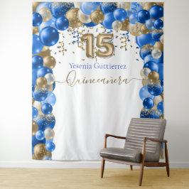 Elegant Royal Blue Gold Balloon Arch Quinceanera Wandteppich