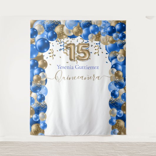 Elegant Royal Blue Gold Balloon Arch Quinceanera Wandteppich (Vorderseite)