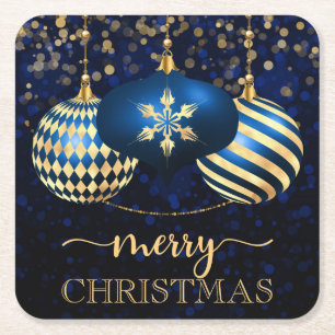Elegant Royal Blue & Gold Baubles Frohe Weihnachte Rechteckiger Pappuntersetzer