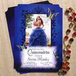 Elegant Royal Blue & Gold Butterflies Quinceanera Einladung