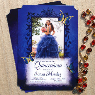 Elegant Royal Blue & Gold Butterflies Quinceanera Einladung