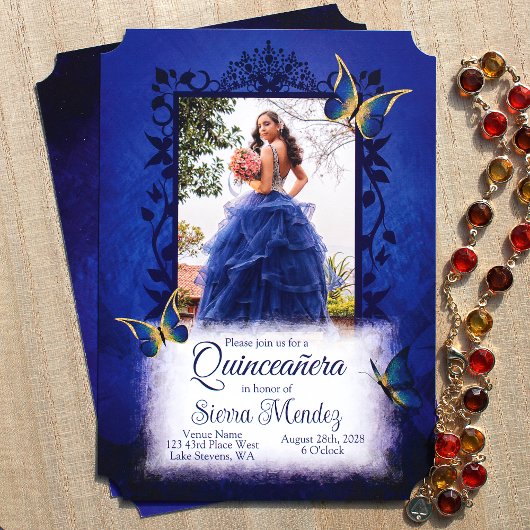 Elegant Royal Blue & Gold Butterflies Quinceanera Einladung