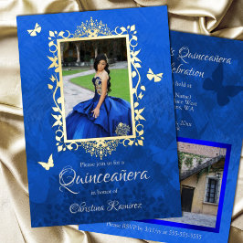 Elegant Royal Blue, Gold Butterflies Quinceanera Folieneinladung