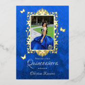 Elegant Royal Blue, Gold Butterflies Quinceanera Folieneinladung (Vorderseite)
