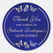 Elegant Royal Blue Gold Butterflies Quinceañera Runder Aufkleber (Vorderseite)