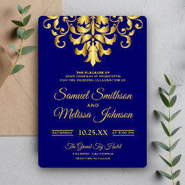 Elegant Royal Blue Gold Damask Einladung