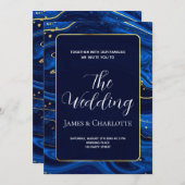 Elegant Royal Blue Gold Lace QR Code Wedding Einladung (Vorne/Hinten)