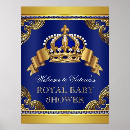 Elegant Royal Blue Gold Prince Baby Shower Signs Poster (Vorne)