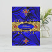 Elegant Royal Blue Gold Red Gems Silk Birthday Einladung (Stehend Vorderseite)