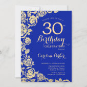 Elegant Royal Blue Gold Rose 30. Geburtstag Einladung (Vorderseite)