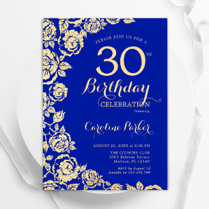 Elegant Royal Blue Gold Rose 30. Geburtstag Einladung