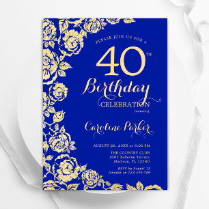 Elegant Royal Blue Gold Rose 40. Geburtstag Einladung