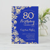 Elegant Royal Blue Gold Rose 80. Geburtstag Einladung (Stehend Vorderseite)