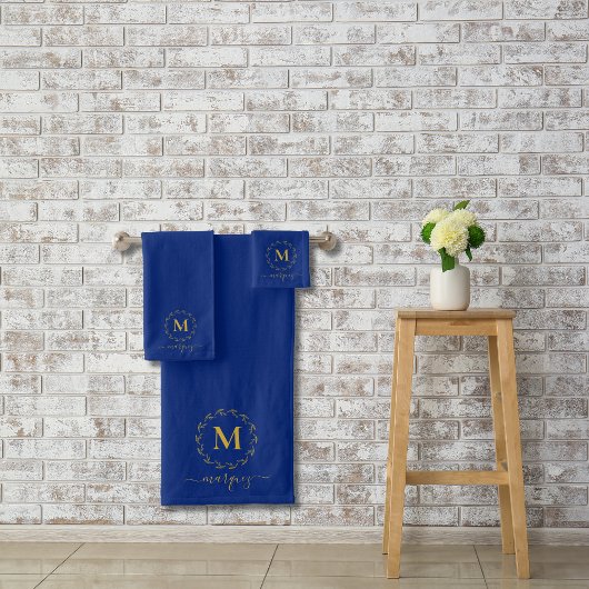 Elegant Royal Blue Gold Wreath Monogram Badhandtuch Set