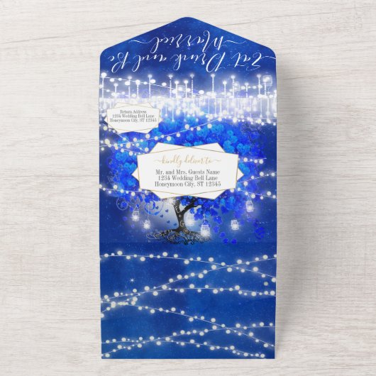 Elegant Royal Blue Heart Leaf Tree Wedding All In One Einladung (Außenbereich)