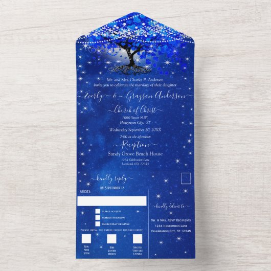 Elegant Royal Blue Heart Leaf Tree Wedding All In One Einladung (Innen Boden)