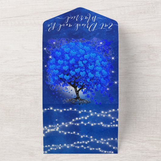 Elegant Royal Blue Heart Leaf Tree Wedding All In One Einladung (Außenbereich)