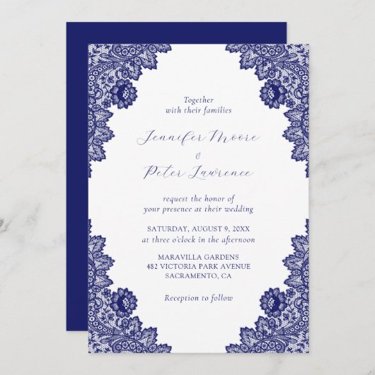 Elegant Royal Blue Lace Wedding Einladung (Vorne/Hinten)