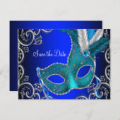 Elegant Royal Blue Masquerade Save the Date Ankündigungspostkarte (Vorne/Hinten)