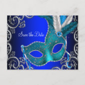 Elegant Royal Blue Masquerade Save the Date Ankündigungspostkarte (Vorderseite)
