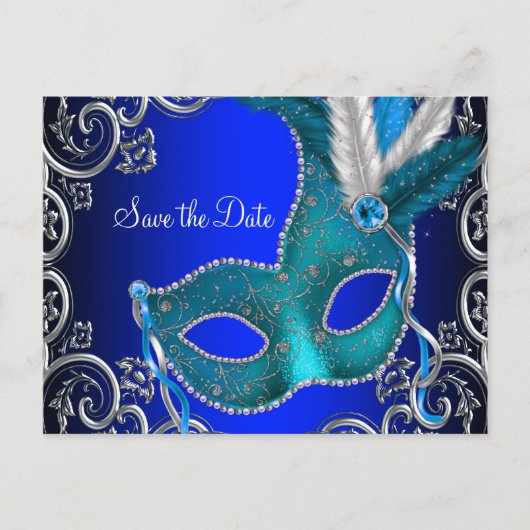 Elegant Royal Blue Masquerade Save the Date Ankündigungspostkarte (Vorderseite)