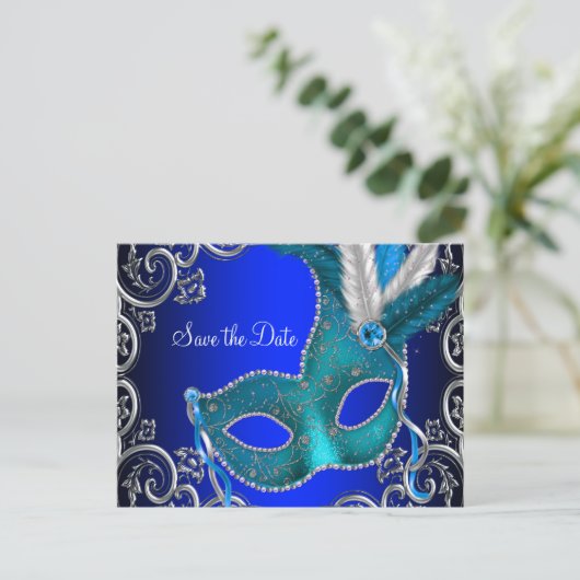 Elegant Royal Blue Masquerade Save the Date Ankündigungspostkarte (Stehend Vorderseite)
