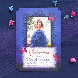Elegant Royal Blue mit Red Butterflies Quinceanera Einladung