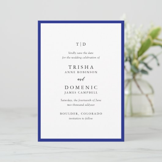 Elegant Royal Blue Monogram Modern Wedding Save The Date (Stehend Vorderseite)