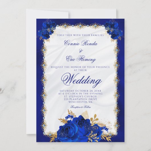 Elegant Royal Blue Monogram Rose Formal Wedding Einladung (Vorderseite)