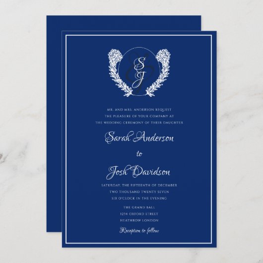 Elegant Royal Blue Monogram Wedding Einladung (Vorne/Hinten)
