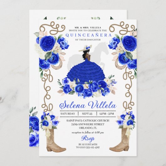 Elegant Royal Blue Princess Western Quinceañera Einladung (Vorne/Hinten)
