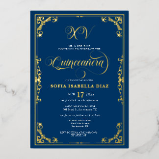 Elegant Royal Blue Quinceañera Gold oder Silber Folieneinladung