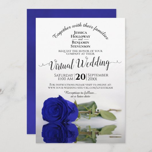Elegant Royal Blue Reflating Rose Virtual Wedding Einladung (Vorne/Hinten)