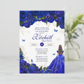 Elegant Royal Blue Rose Butterfly Quinceañera Inv Einladung (Stehend Vorderseite)