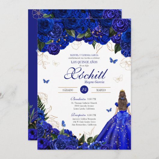 Elegant Royal Blue Rose Butterfly Quinceañera Inv Einladung (Vorne/Hinten)