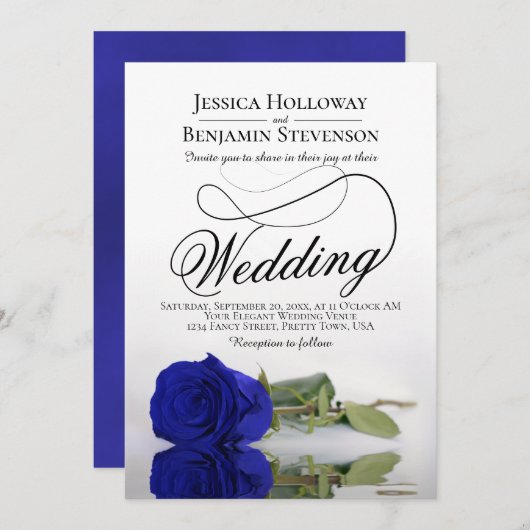 Elegant Royal Blue Rose Classy Script Wedding Einladung (Vorne/Hinten)