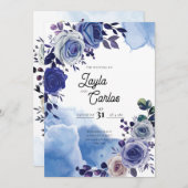 Elegant Royal Blue Rose Extravagant QR Code Weddin Einladung (Vorne/Hinten)