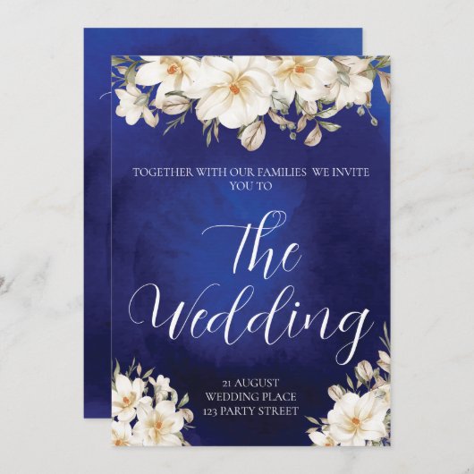 Elegant Royal Blue Rose Extravagant QR Code Weddin Einladung (Vorne/Hinten)