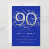 Elegant Royal Blue Silver 90. Geburtstag Einladung (Vorderseite)