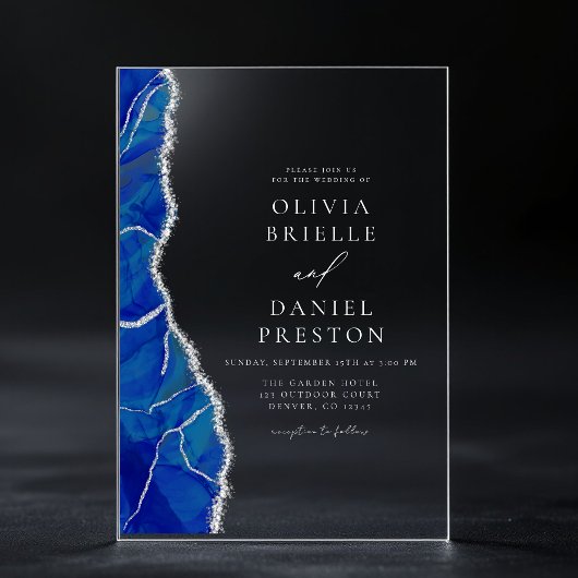 Elegant Royal Blue Silver Agate Wedding Monogram Acryleinladungen