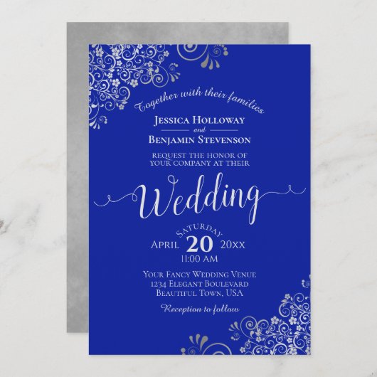 Elegant Royal Blue & Silver Calligraphy Wedding Einladung (Vorne/Hinten)