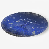 Elegant Royal Blue Silver Glitzer Gown Quinceañera Pappteller (Schrägansicht)