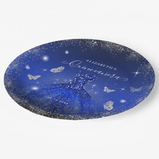 Elegant Royal Blue Silver Glitzer Gown Quinceañera Pappteller (Schrägansicht)