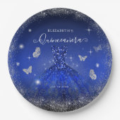 Elegant Royal Blue Silver Glitzer Gown Quinceañera Pappteller (Vorderseite)