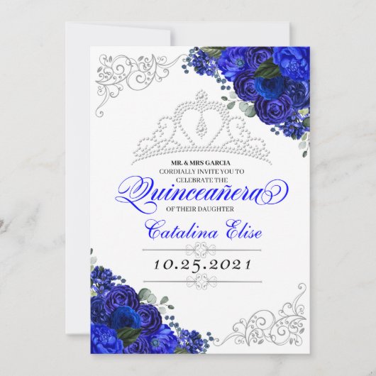 Elegant Royal Blue Silver Quinceanera Geburtstag Einladung (Vorderseite)
