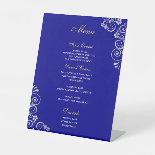 Elegant Royal Blue Silver Script Wedding Menu Sockelschild (Vorderseite)