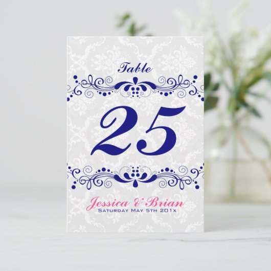 Elegant Royal-Blue Tones Floral Lace White Damasku Einladung (Stehend Vorderseite)