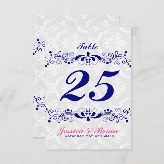 Elegant Royal-Blue Tones Floral Lace White Damasku Einladung (Vorne/Hinten)